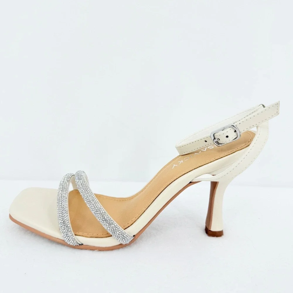 Lisa Vicky Gem V Women's Cream Square Toe Rhinestone Strap Heels Size 6M NWOB